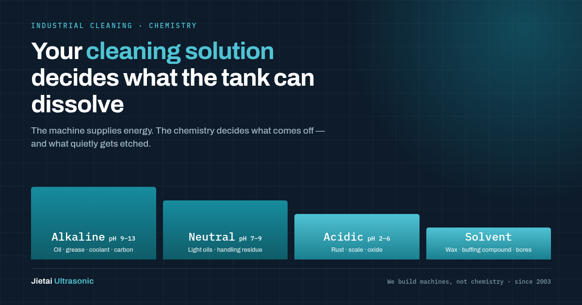 Four ultrasonic cleaning solution families by pH: alkaline, neutral, acidic and solvent