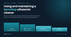 Benchtop ultrasonic cleaner operation and maintenance: liquid level, degas cycle, temperature range and rest periods