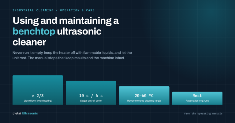 Benchtop ultrasonic cleaner operation and maintenance: liquid level, degas cycle, temperature range and rest periods